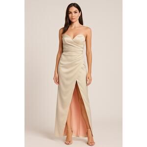 NBD Gold Champagne Shimmer Strapless Dress High Slit S Formal Party Glam‎ Event
